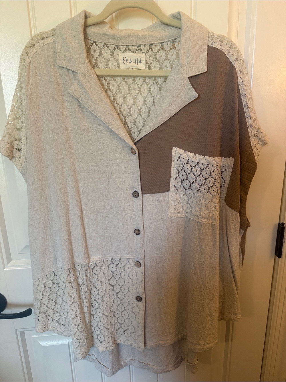 Oli + Hali Lace Patchwork Button-Up Top in Taupe and Beige